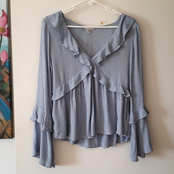 American Eagle Outfitters Deep V Blue & White Stripe Ruffle Top XS - Picture 2 of 12